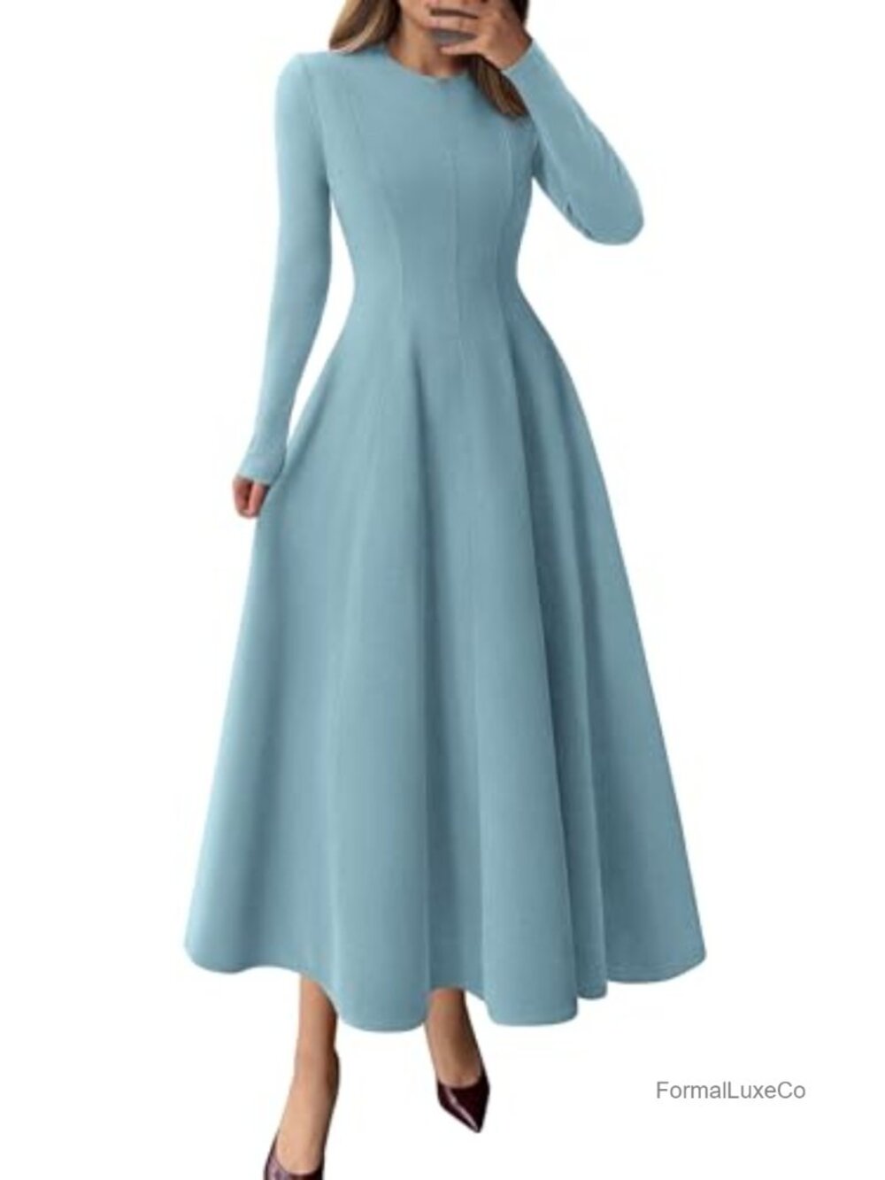Long Sleeve A-Line Midi Cocktail Dress Fit & Flare Ruffle Formal